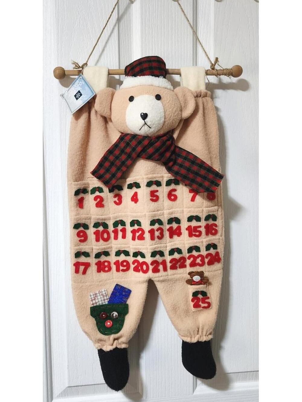 Vtg Teddy Bear Hanging Advent Calendar Christmas Countdown Pockets Holiday 26x13